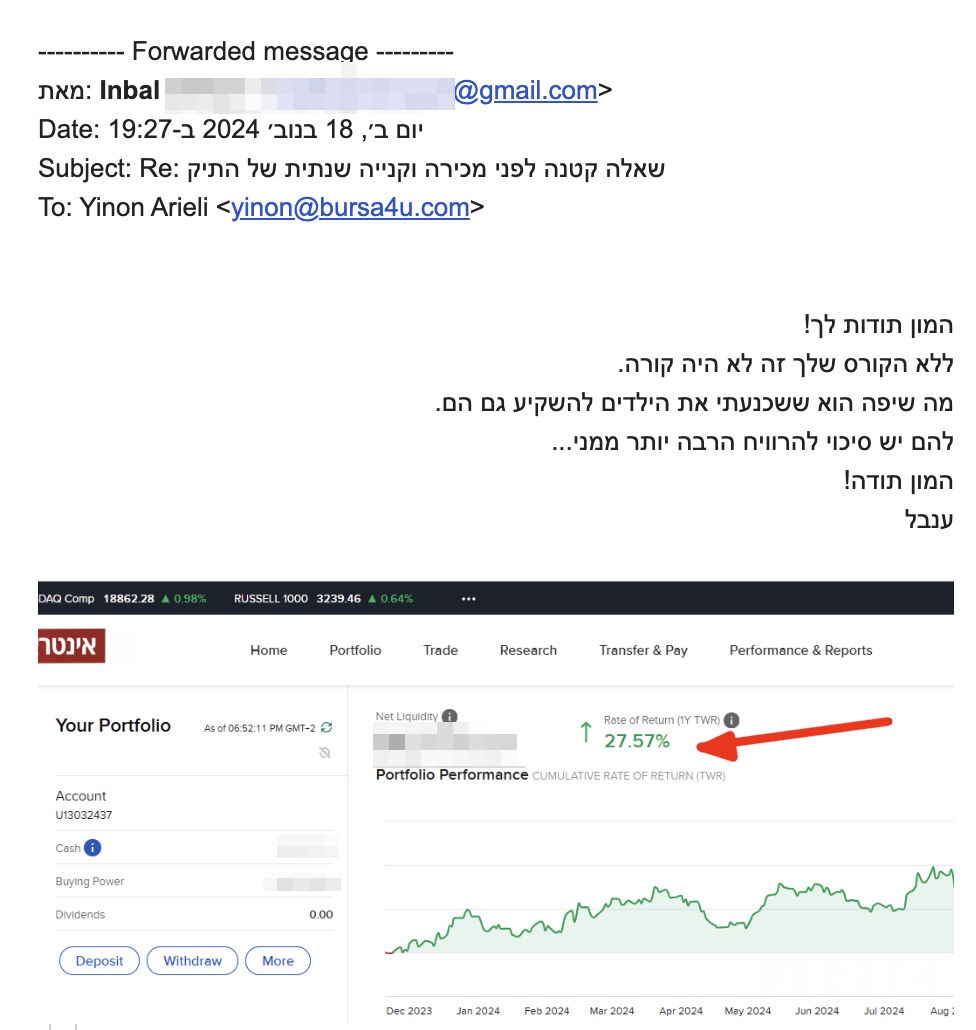המון תודות לך!
ללא הקורס שלך זה לא היה קורה.
מה שיפה הוא ששכנעתי את הילדים להשקיע גם הם.
להם יש סיכוי להרוויח הרבה יותר ממני...
המון תודה!
ענבל