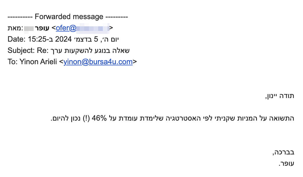 תודה יינון, התשואה על המניות שקניתי לפי האסטרטגיה שלימדת עומדת על 46%! נכון להיום.
בברכה
עופר