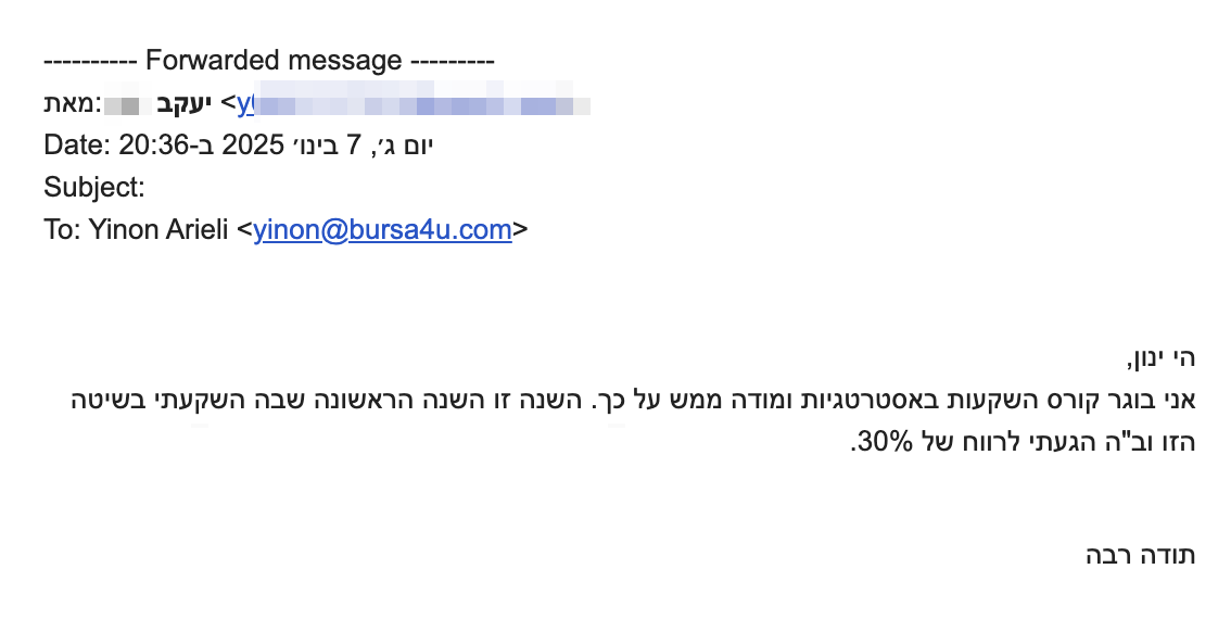 הי ינון,
אני בוגר קורס השקעות באסטרטגיות ומודה ממש על כך. השנה זו השנה הראשונה שבה השקעתי בשיטה הזו וב"ה הגעתי לרווח של 30%.
תודה רבה