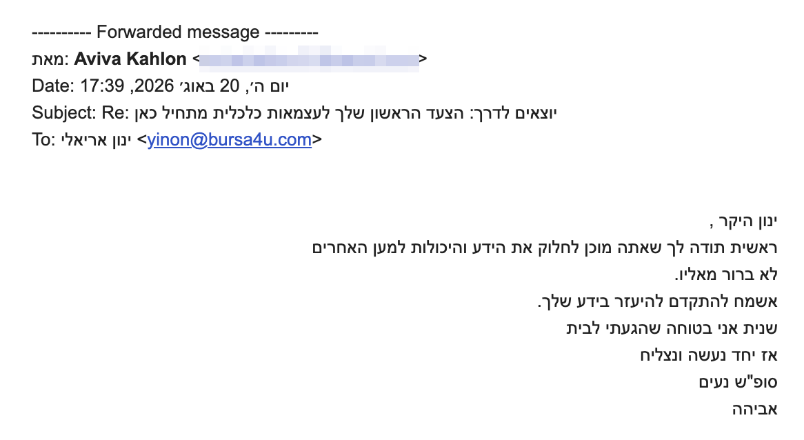 ינון היקר ,
<div>ראשית תודה לך שאתה מוכן לחלוק את הידע והיכולות למען האחרים</div>
<div>לא ברור מאליו.</div>
<div>אשמח להתקדם להיעזר בידע שלך.</div>
<div>שנית אני בטוחה שהגעתי לבית</div>
<div>אז יחד נעשה ונצליח</div>
<div>סופ"ש נעים</div>
<div>אביהה</div>