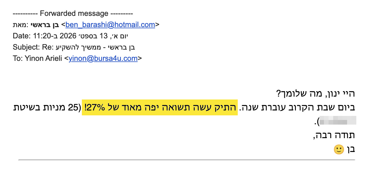 <div dir="rtl">היי ינון, מה שלומך?</div>
<div dir="rtl">ביום שבת הקרוב עוברת שנה. התיק עשה תשואה יפה מאוד של 27%! (25 מניות בשיטת XXXXXX).</div>
<div dir="rtl">תודה רבה,</div>
<div dir="rtl">בן</div>